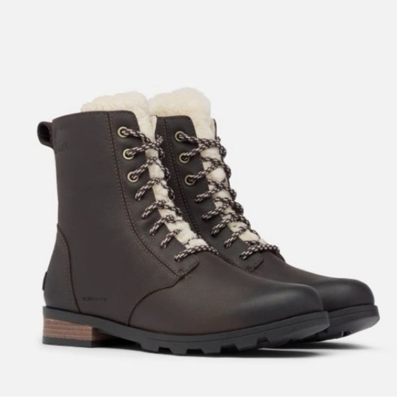 SOREL Emelie Genuine Shearling Short Lace-Up Boot 9 Blackened Brown - Picture 3 of 12